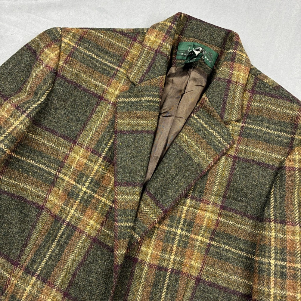Lauren Ralph Lauren Linen Blazer Womens 8 Green Plaid Suede Elbow Patch
